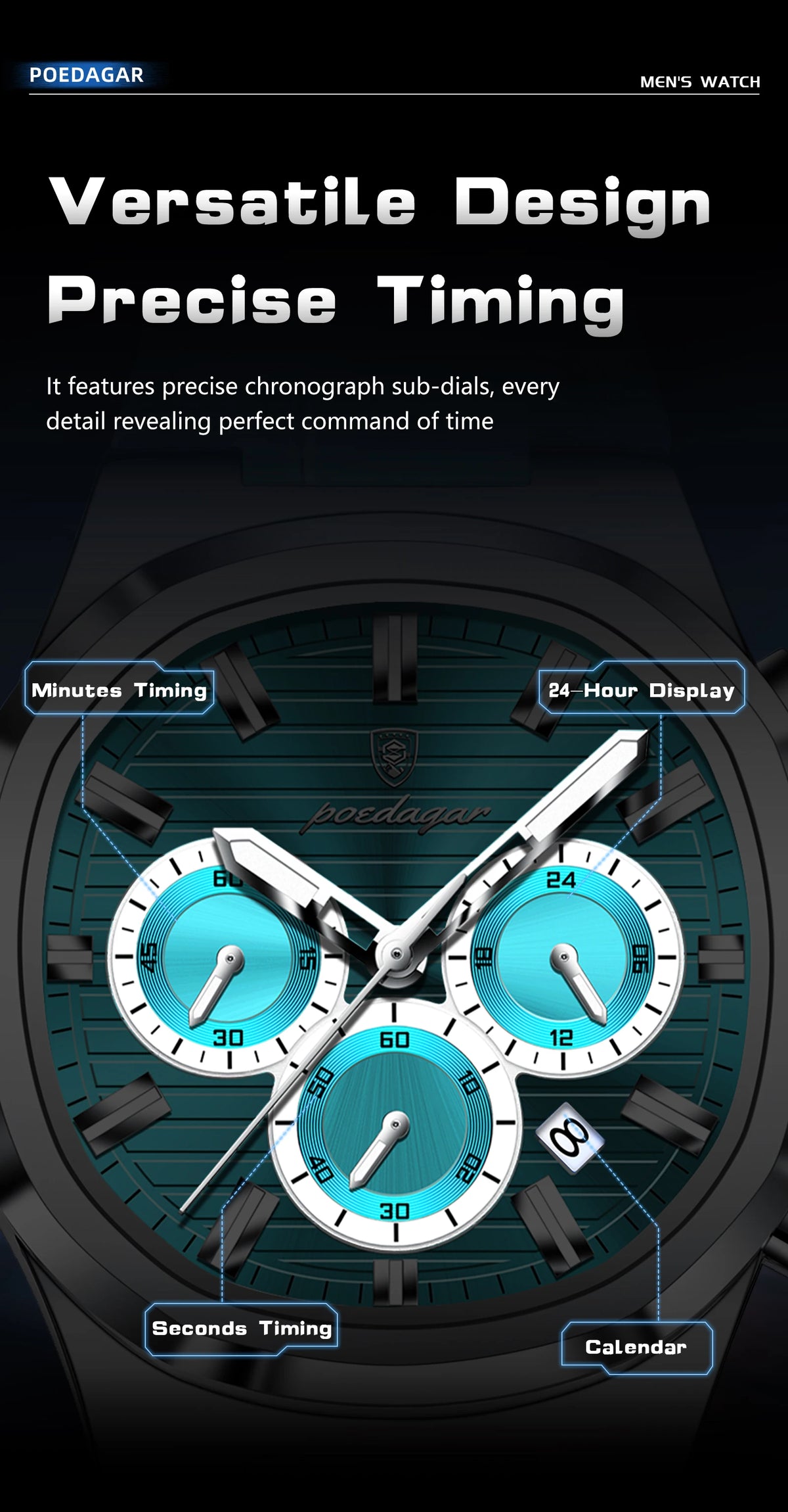 Reloj POEDAGAR Original para Hombre, de Cuero, Resistente al Agua, Luminoso, de Moda, con Fecha, Cronógrafo, Cuarzo, Deportivo