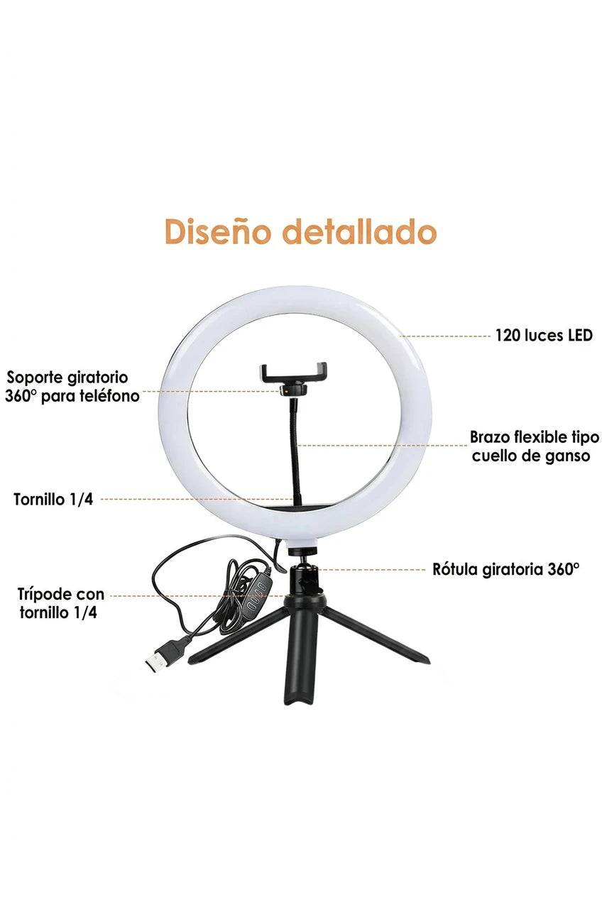 Aro de luz LED de 26 cm con trípode para selfies y fotografía