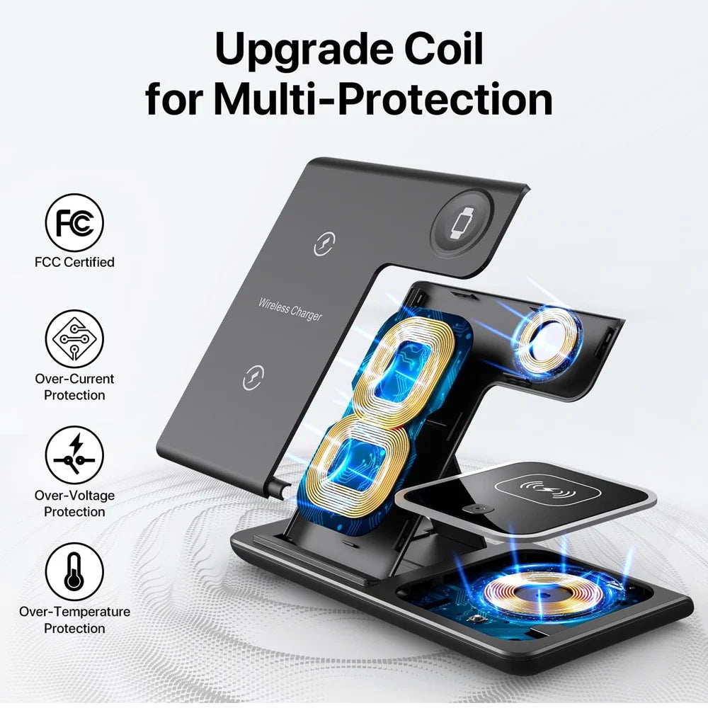 Base de Carga Inalámbrica Rápida LED 3 en 1, Plegable, para iPhone 17/16/15/14, Apple Watch 9 8 7 6 5, Airpods Pro