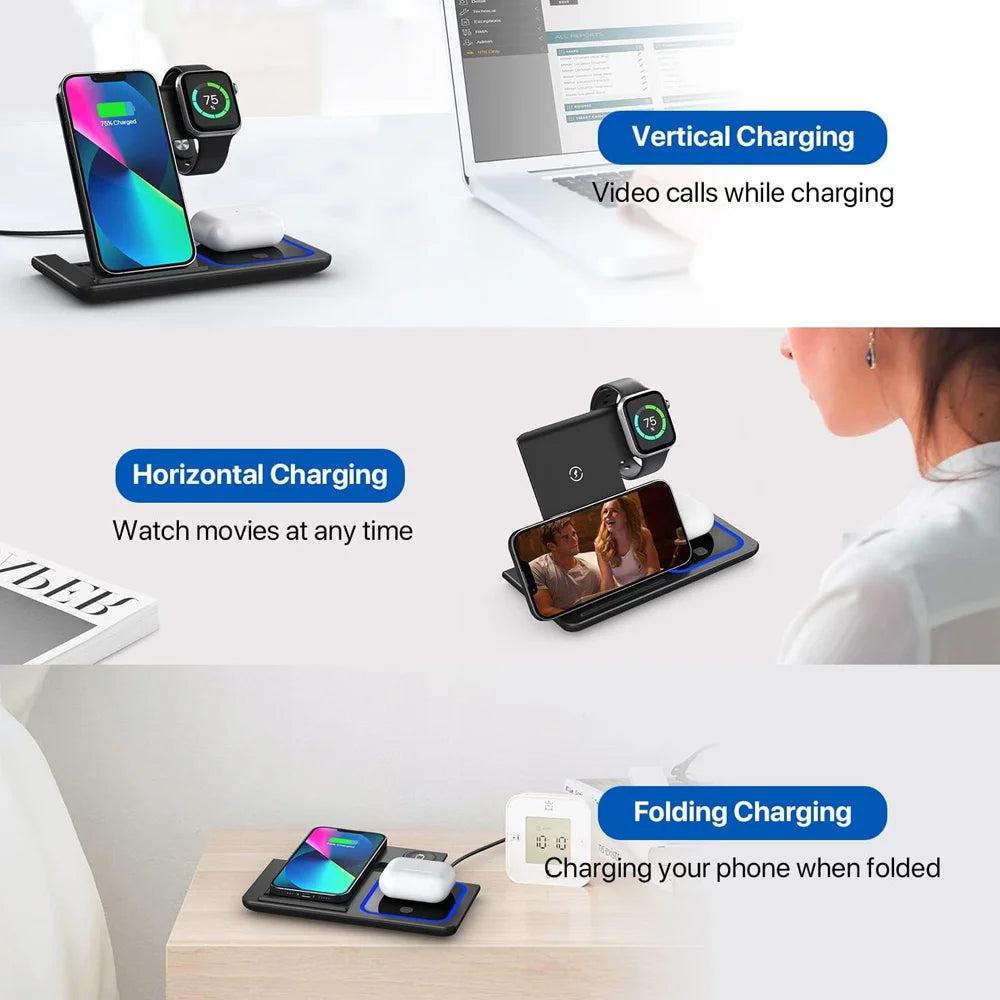 Base de Carga Inalámbrica Rápida LED 3 en 1, Plegable, para iPhone 17/16/15/14, Apple Watch 9 8 7 6 5, Airpods Pro