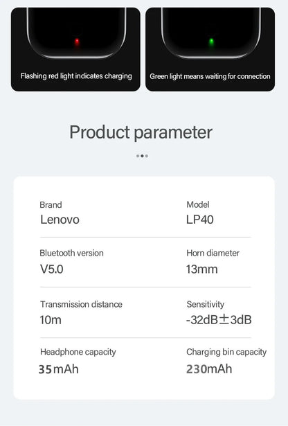 Auriculares Lenovo LP40 TWS con control táctil, negro o blanco