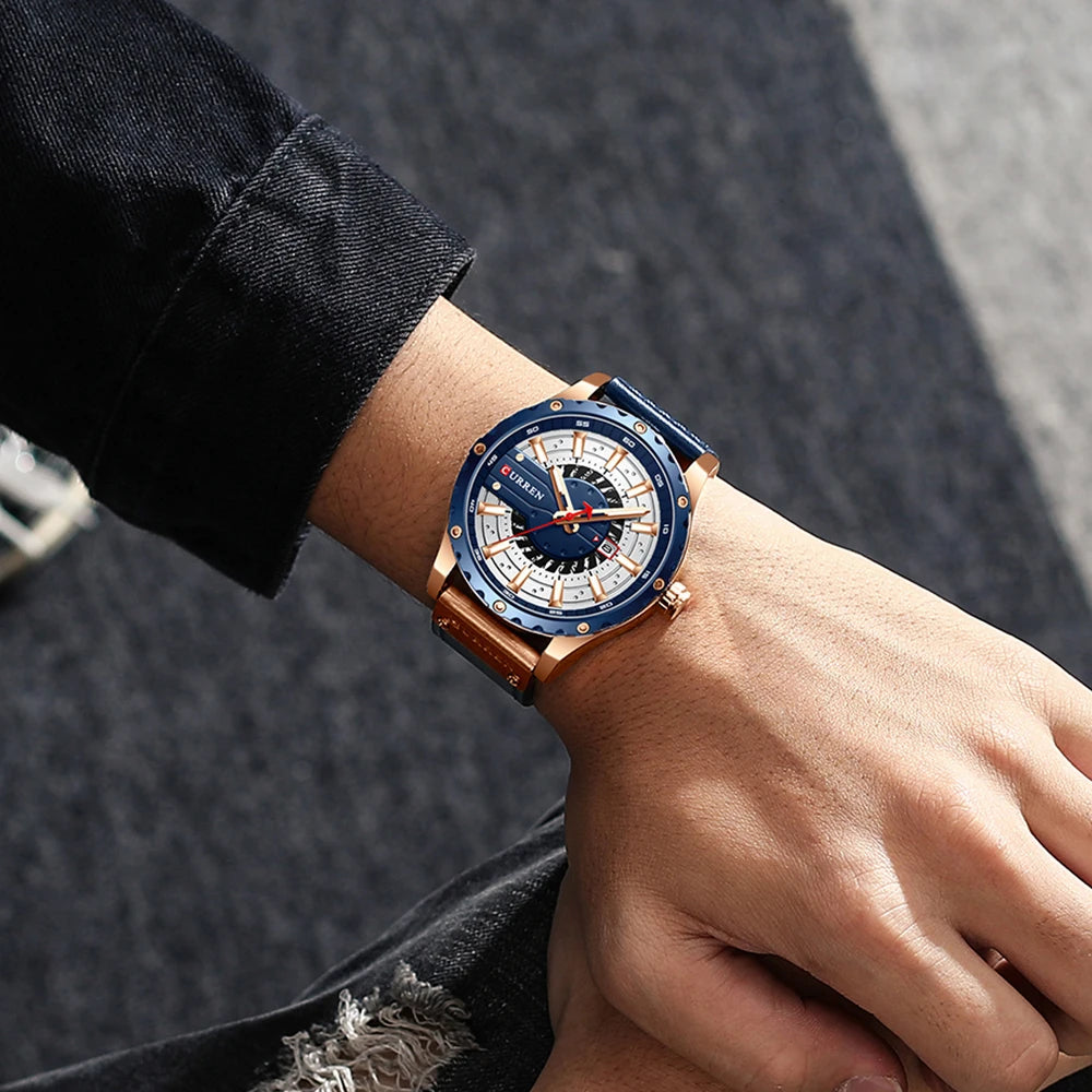 Reloj de hombre con correa de piel y agujas luminosas, con caja de regalo