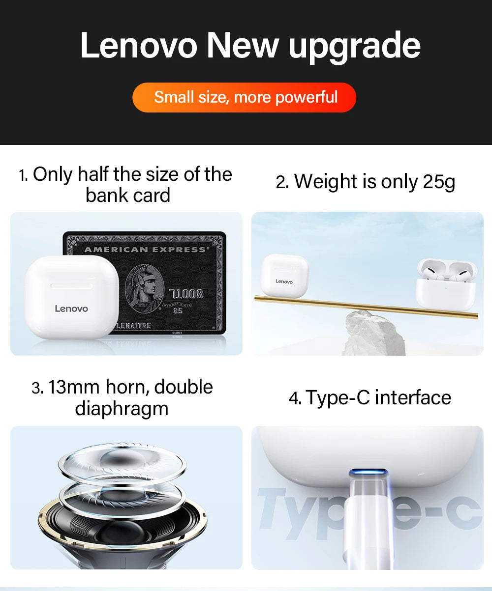 Auriculares Lenovo LP40 TWS con control táctil, negro o blanco