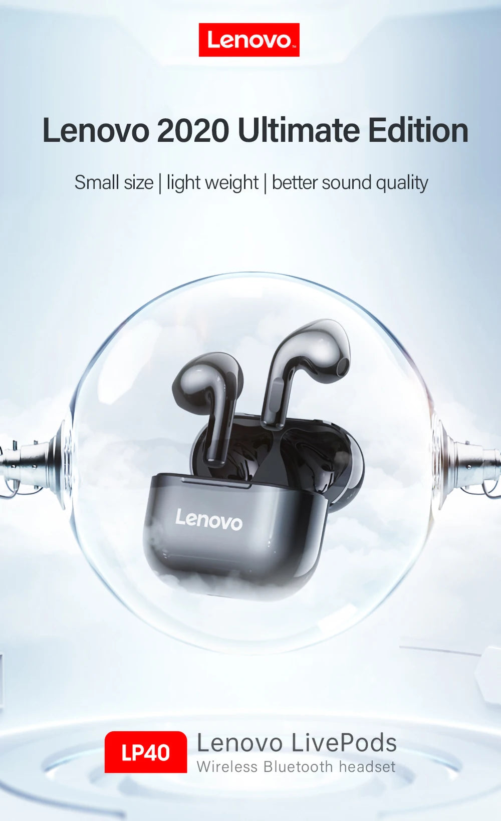 Auriculares Lenovo LP40 TWS con control táctil, negro o blanco