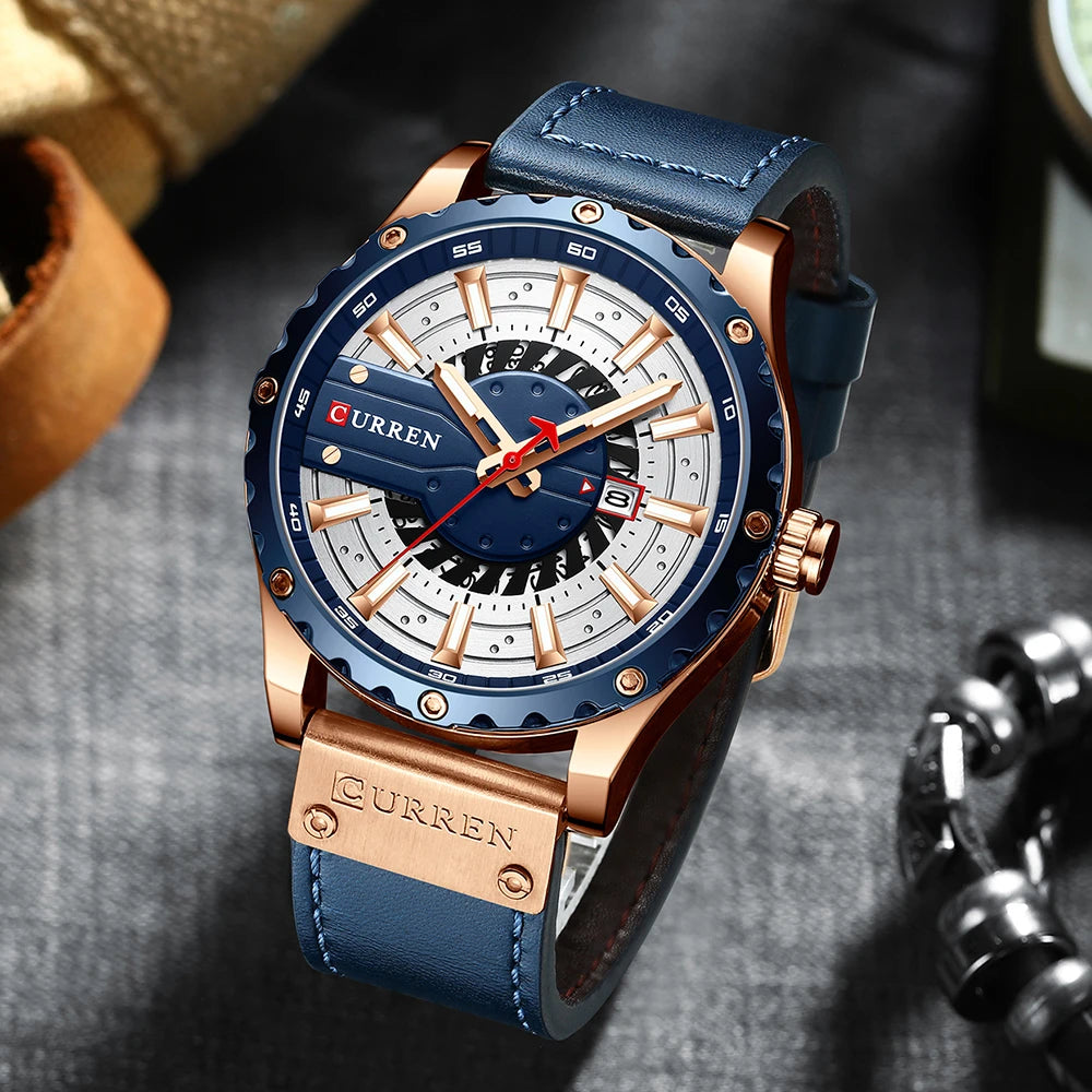 Reloj de hombre con correa de piel y agujas luminosas, con caja de regalo