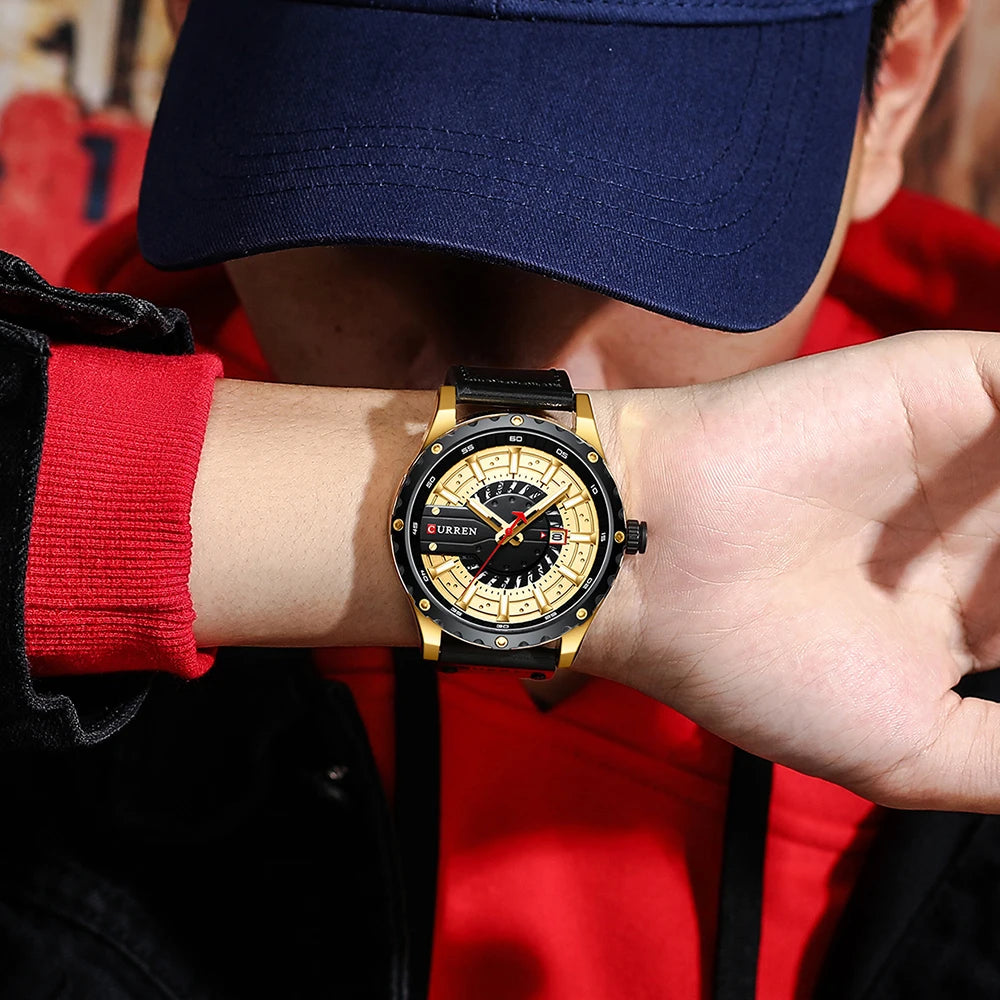 Reloj de hombre con correa de piel y agujas luminosas, con caja de regalo