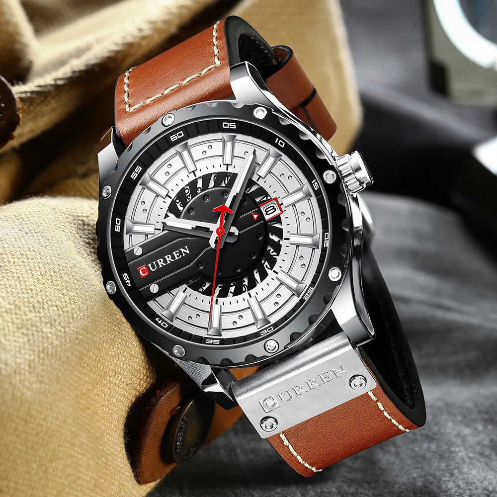 Reloj de hombre con correa de piel y agujas luminosas, con caja de regalo