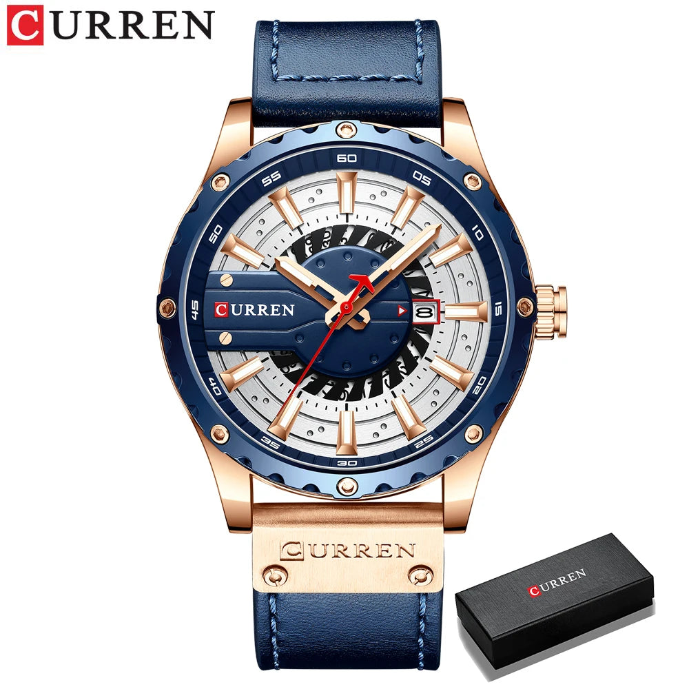 Reloj de hombre con correa de piel y agujas luminosas, con caja de regalo