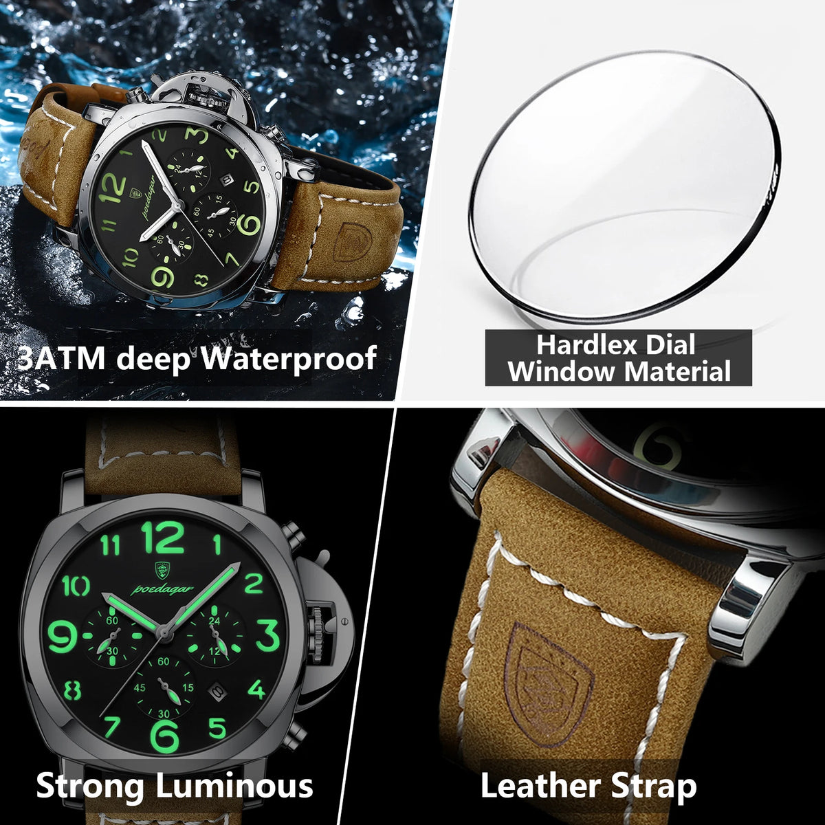 Reloj militar de hombre con correa de piel, sumergible y agujas luminosas