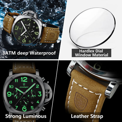 Reloj militar de hombre con correa de piel, sumergible y agujas luminosas