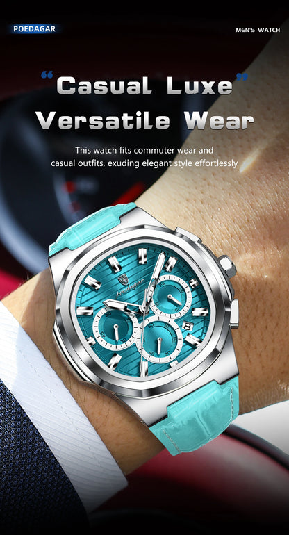 Reloj POEDAGAR Original para Hombre, de Cuero, Resistente al Agua, Luminoso, de Moda, con Fecha, Cronógrafo, Cuarzo, Deportivo