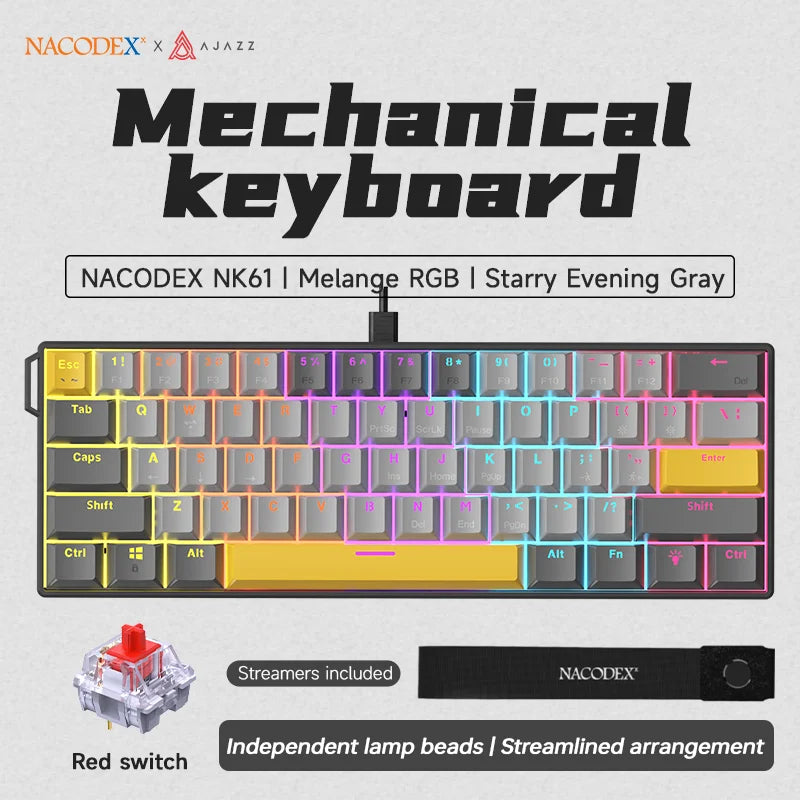Teclado mecánico gamer compacto de 61 teclas con RGB, switches intercambiables