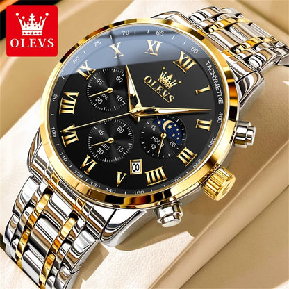 Reloj de hombre de acero con fase lunar y cronógrafo, sumergible