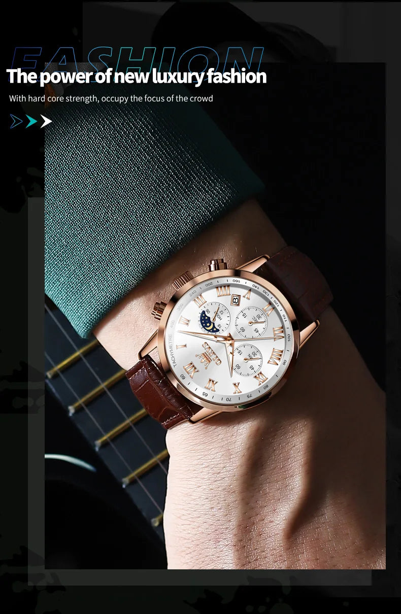 Reloj de hombre de acero con fase lunar y cronógrafo, sumergible