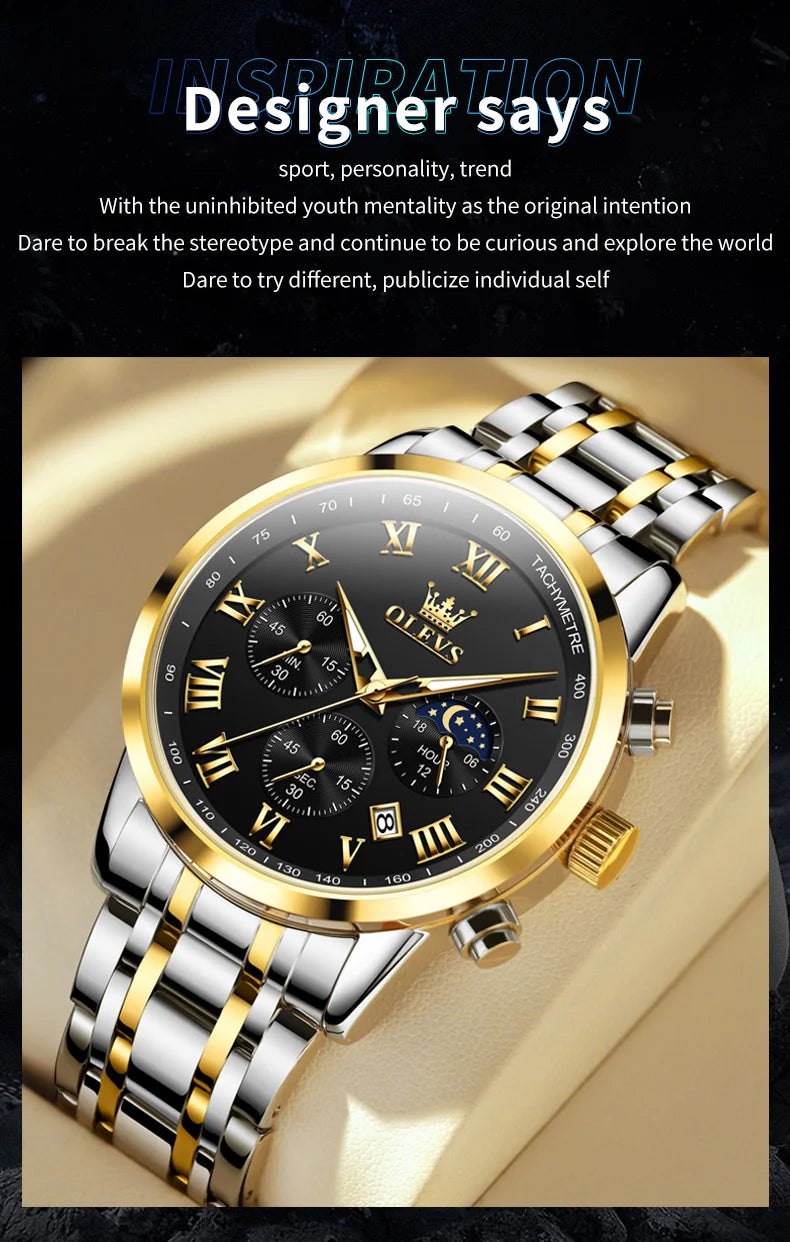 Reloj de hombre de acero con fase lunar y cronógrafo, sumergible