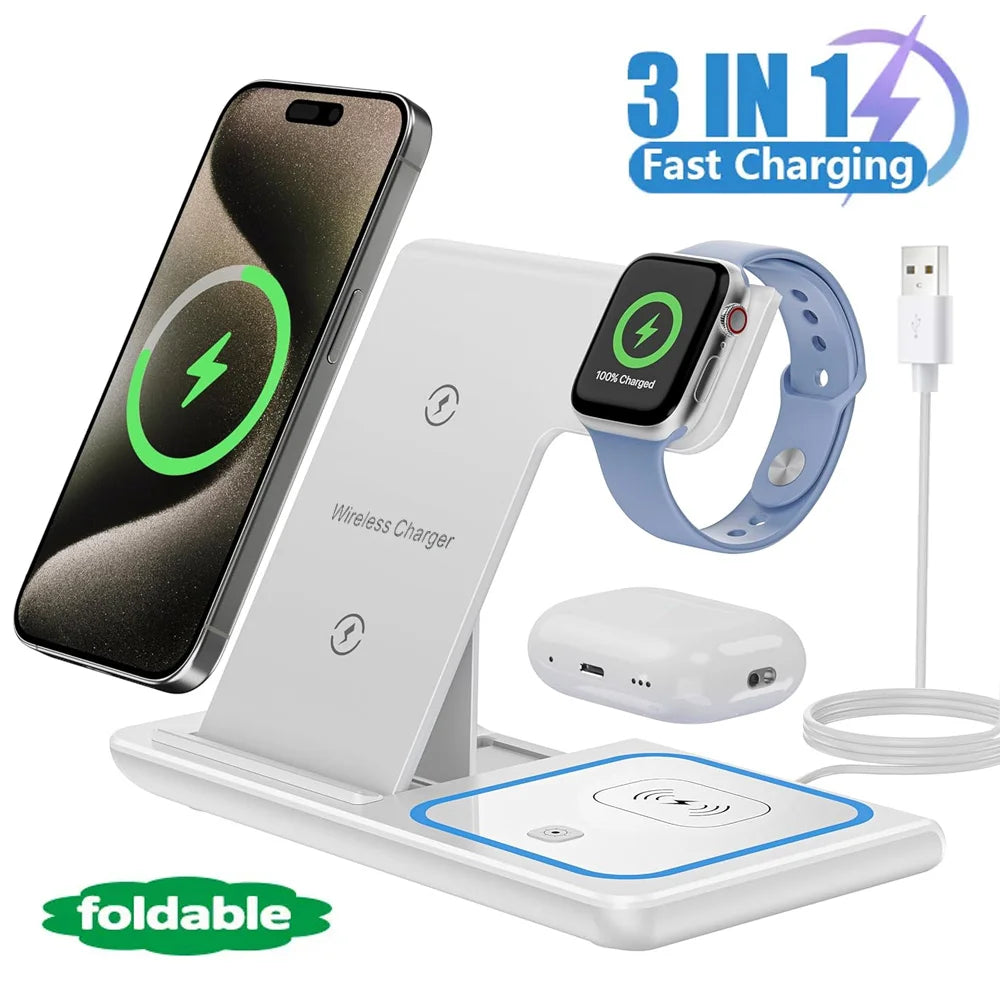Base de Carga Inalámbrica Rápida LED 3 en 1, Plegable, para iPhone 17/16/15/14, Apple Watch 9 8 7 6 5, Airpods Pro