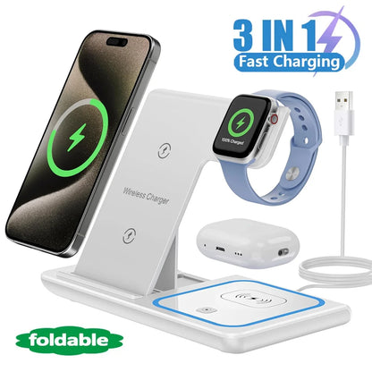 Base de Carga Inalámbrica Rápida LED 3 en 1, Plegable, para iPhone 17/16/15/14, Apple Watch 9 8 7 6 5, Airpods Pro