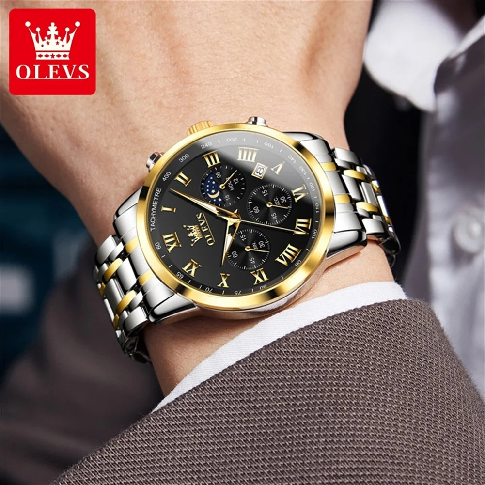 Reloj de hombre de acero con fase lunar y cronógrafo, sumergible