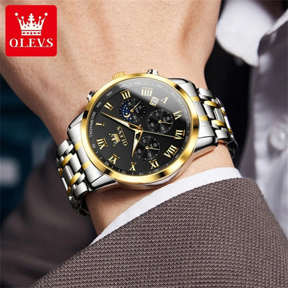 Reloj de hombre de acero con fase lunar y cronógrafo, sumergible