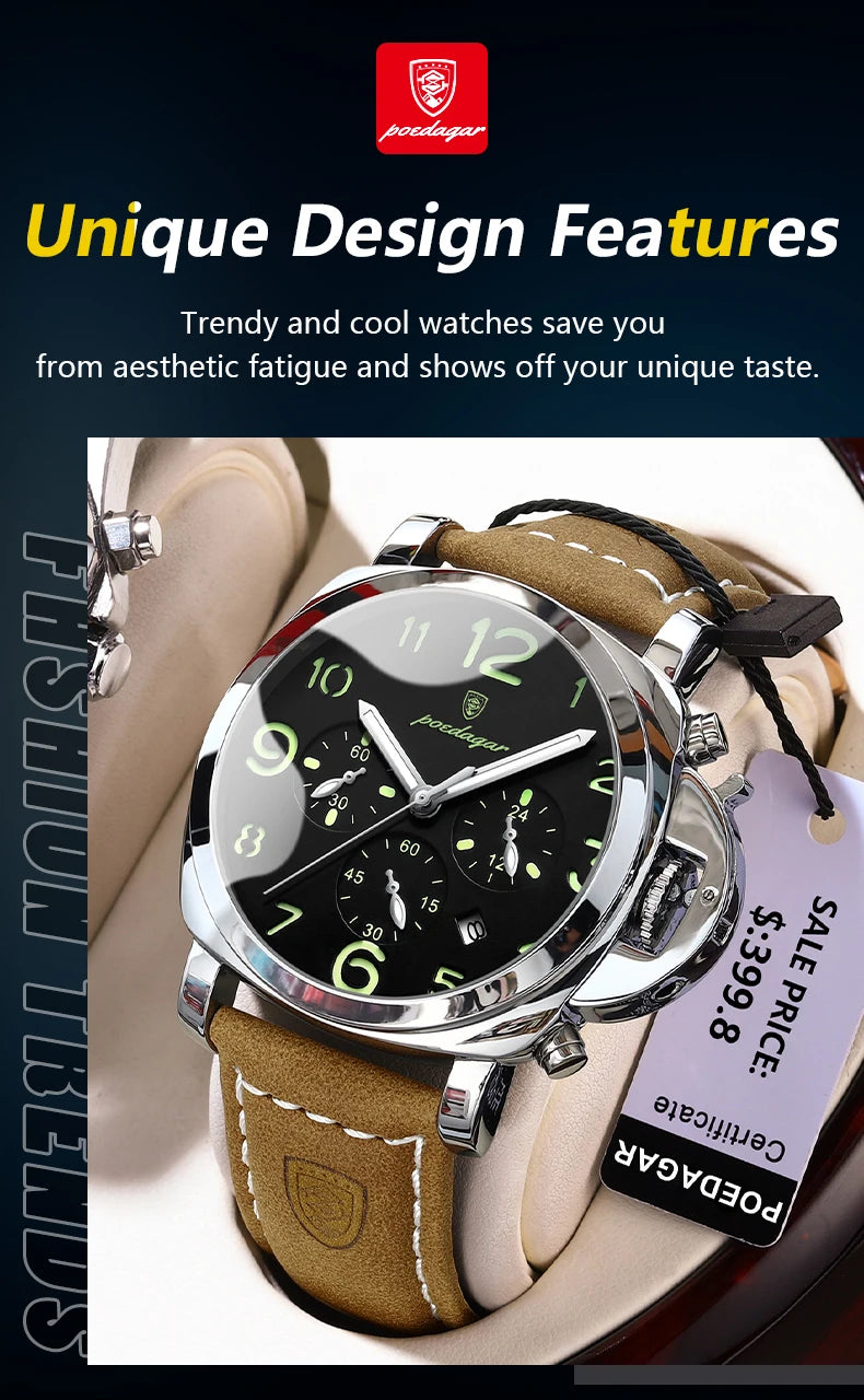 Reloj militar de hombre con correa de piel, sumergible y agujas luminosas