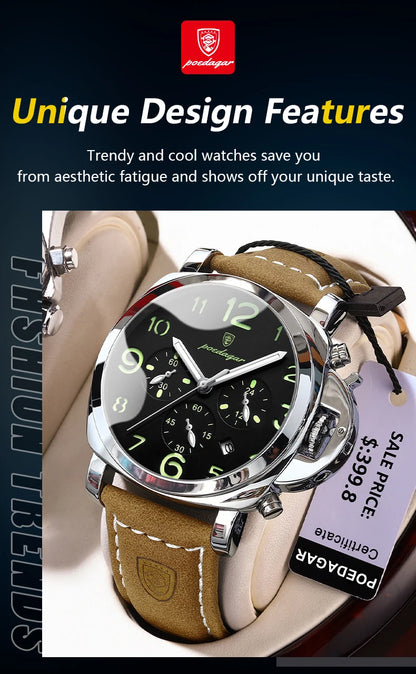 Reloj militar de hombre con correa de piel, sumergible y agujas luminosas