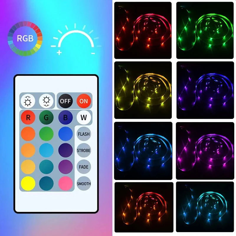 Tira de luces LED RGB con pilas y USB, con mando a distancia