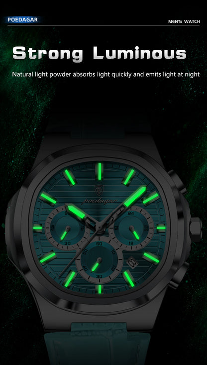 Reloj POEDAGAR Original para Hombre, de Cuero, Resistente al Agua, Luminoso, de Moda, con Fecha, Cronógrafo, Cuarzo, Deportivo