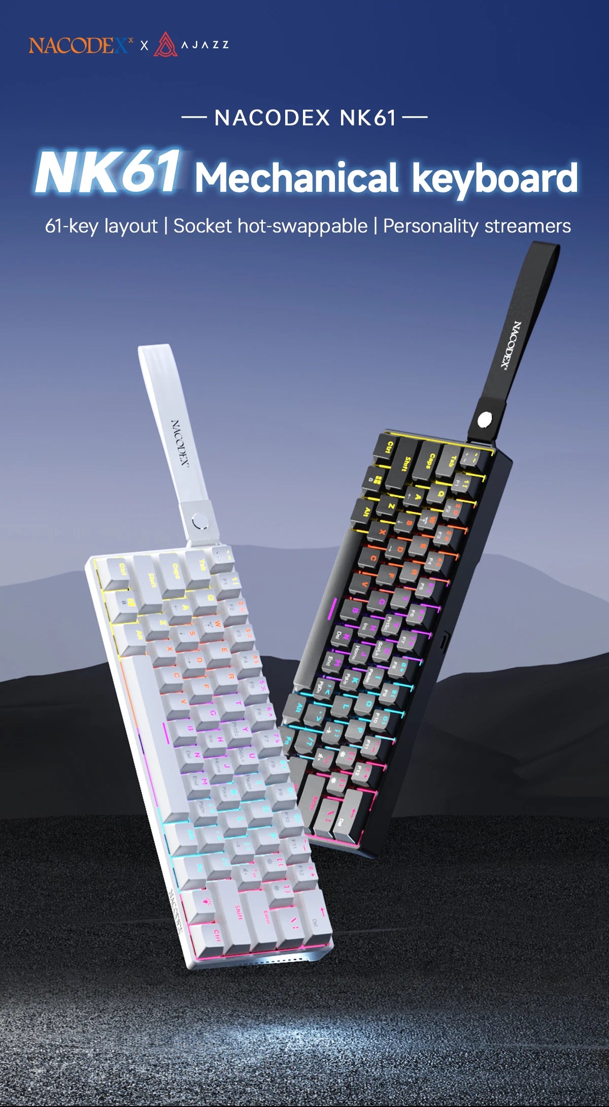 Teclado mecánico gamer compacto de 61 teclas con RGB, switches intercambiables