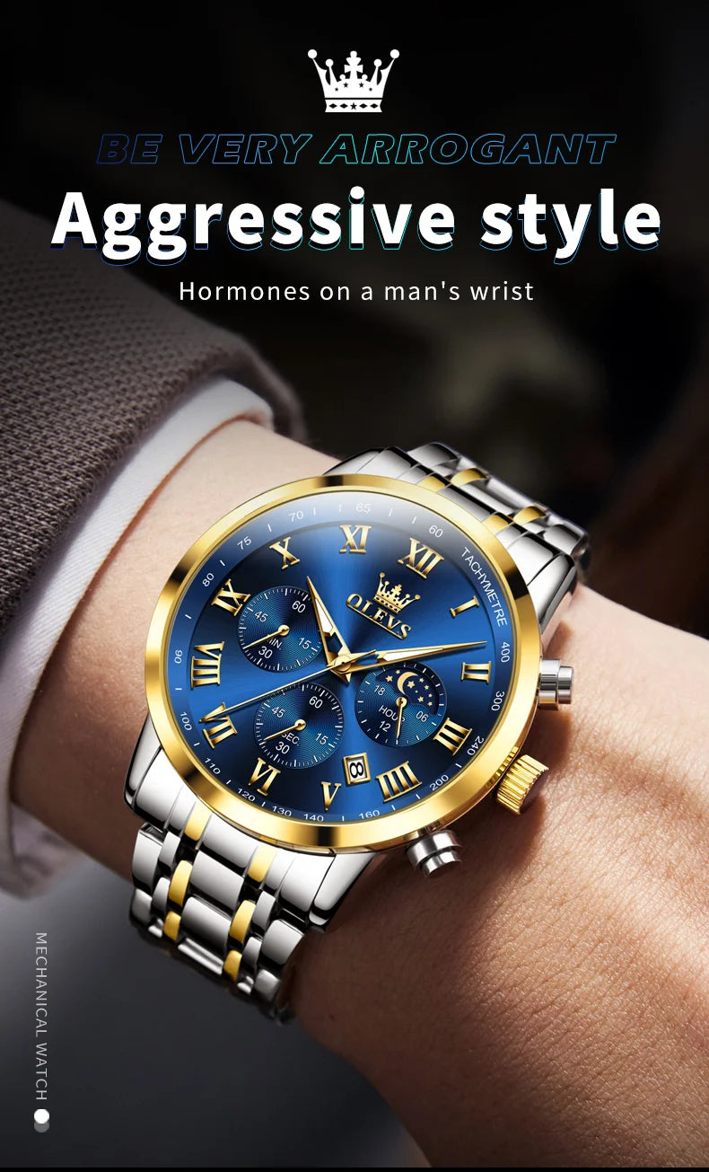 Reloj de hombre de acero con fase lunar y cronógrafo, sumergible