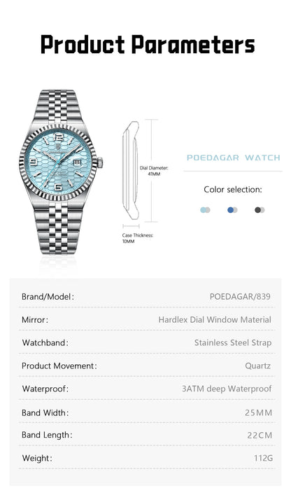 Reloj POEDAGAR de acero inoxidable para hombre, sumergible y con fecha