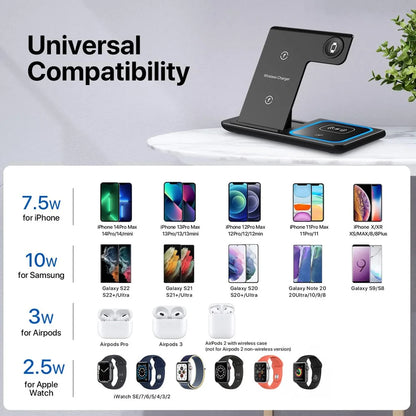 Base de Carga Inalámbrica Rápida LED 3 en 1, Plegable, para iPhone 17/16/15/14, Apple Watch 9 8 7 6 5, Airpods Pro