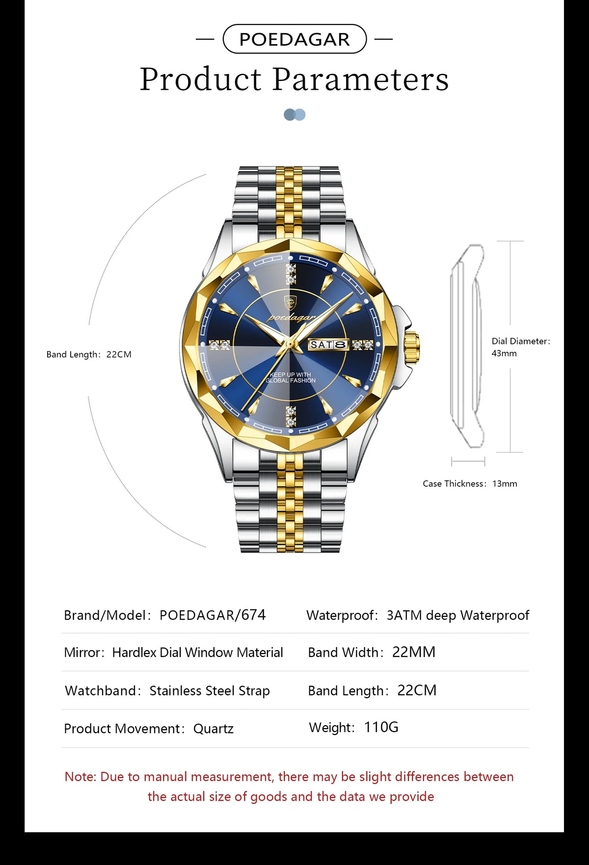Reloj de hombre de acero inoxidable, sumergible, con fecha y día de la semana