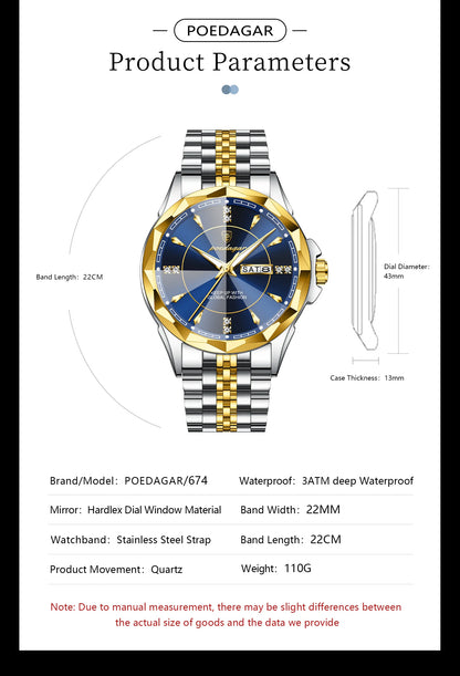 Reloj de hombre de acero inoxidable, sumergible, con fecha y día de la semana