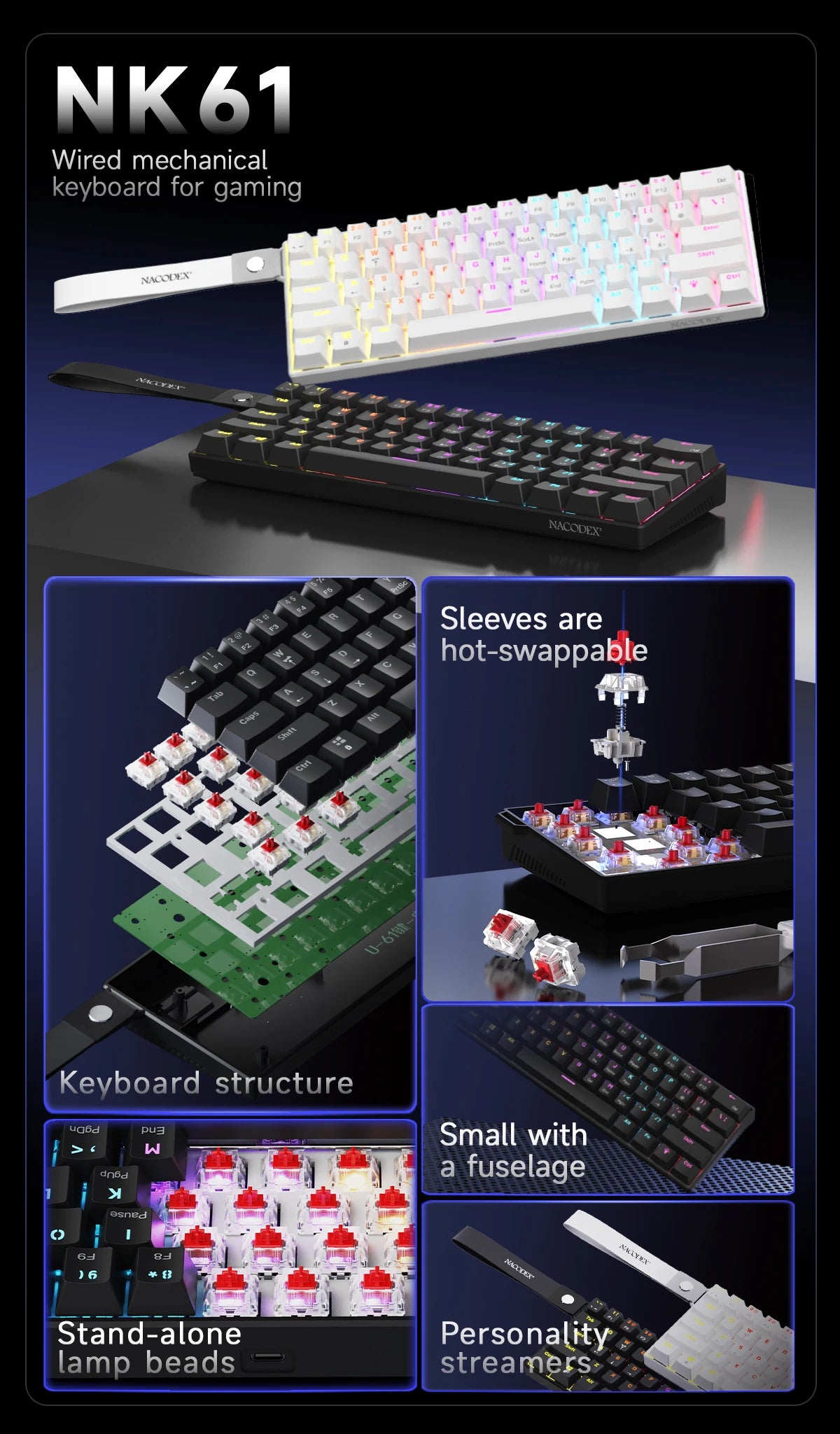 Teclado mecánico gamer compacto de 61 teclas con RGB, switches intercambiables