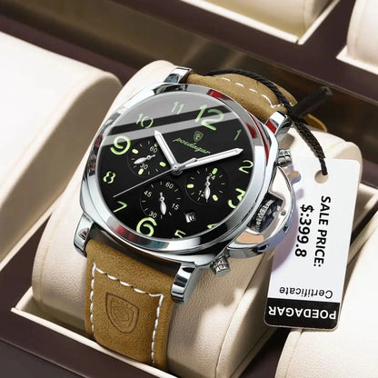 Reloj militar de hombre con correa de piel, sumergible y agujas luminosas