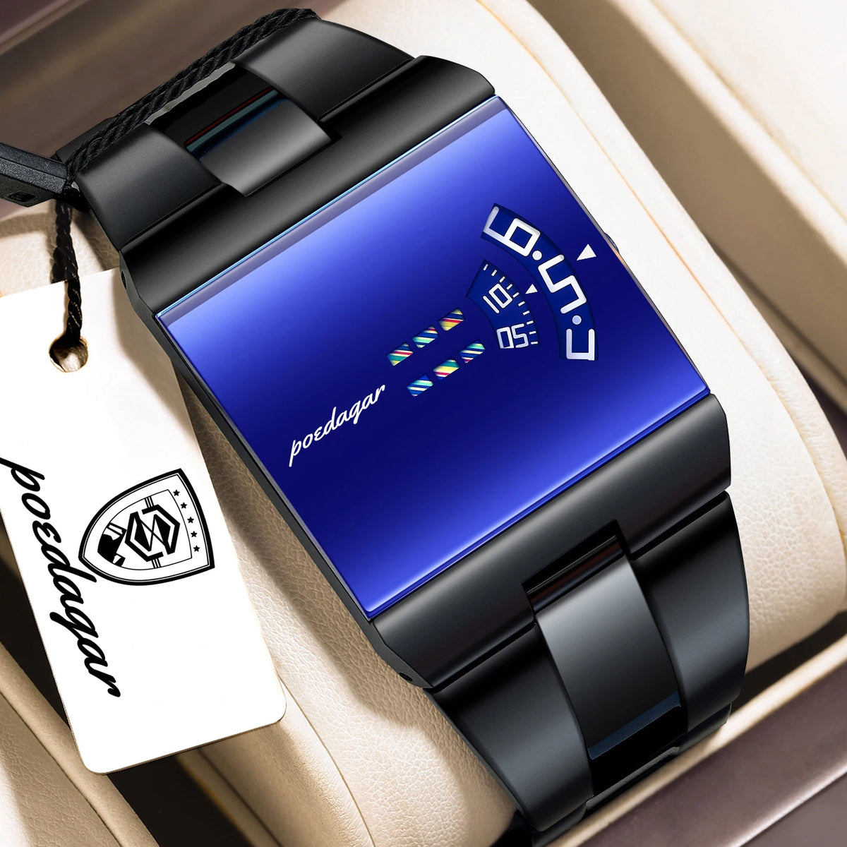 Reloj de hombre rectangular de acero inoxidable, con caja de regalo