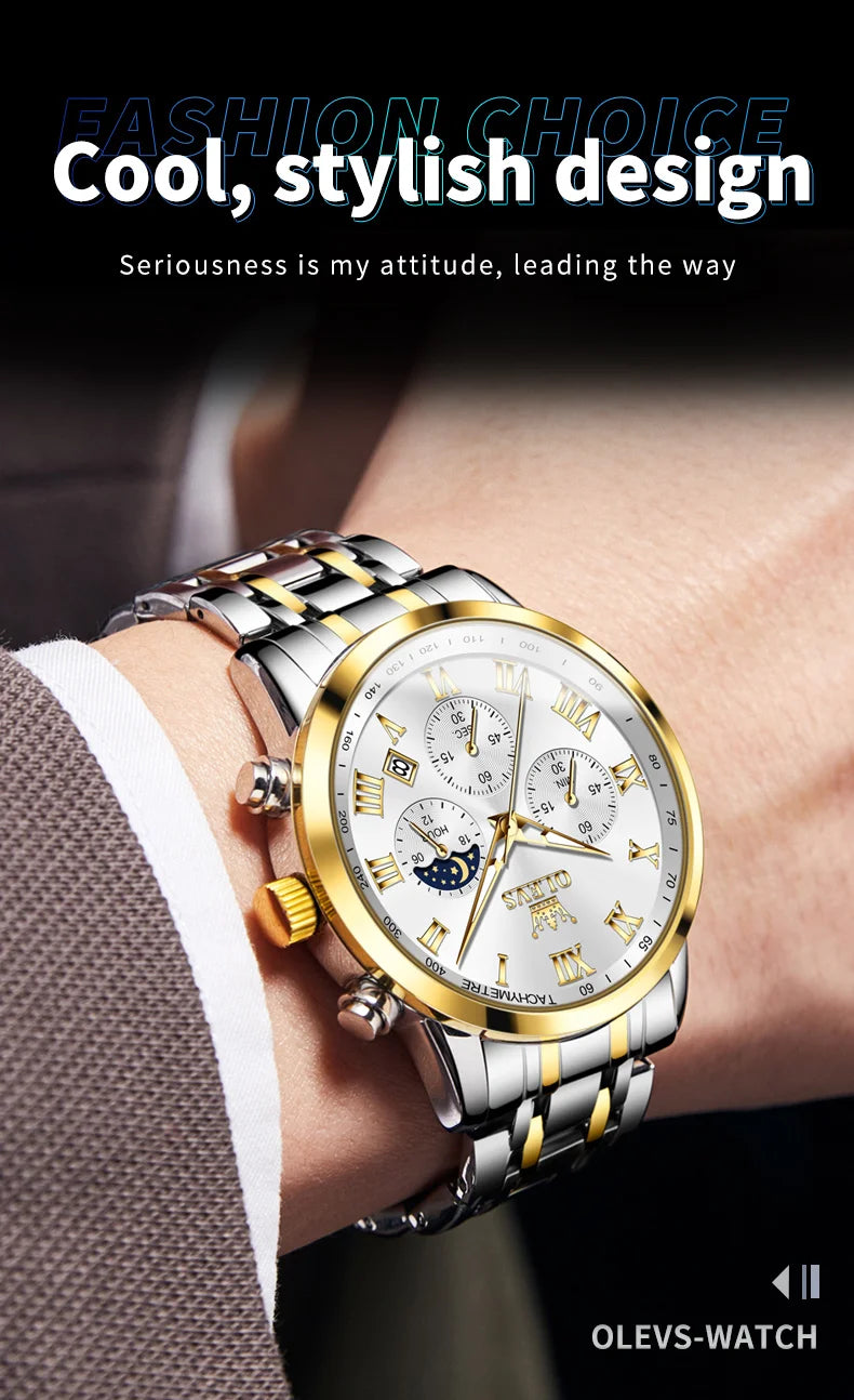 Reloj de hombre de acero con fase lunar y cronógrafo, sumergible
