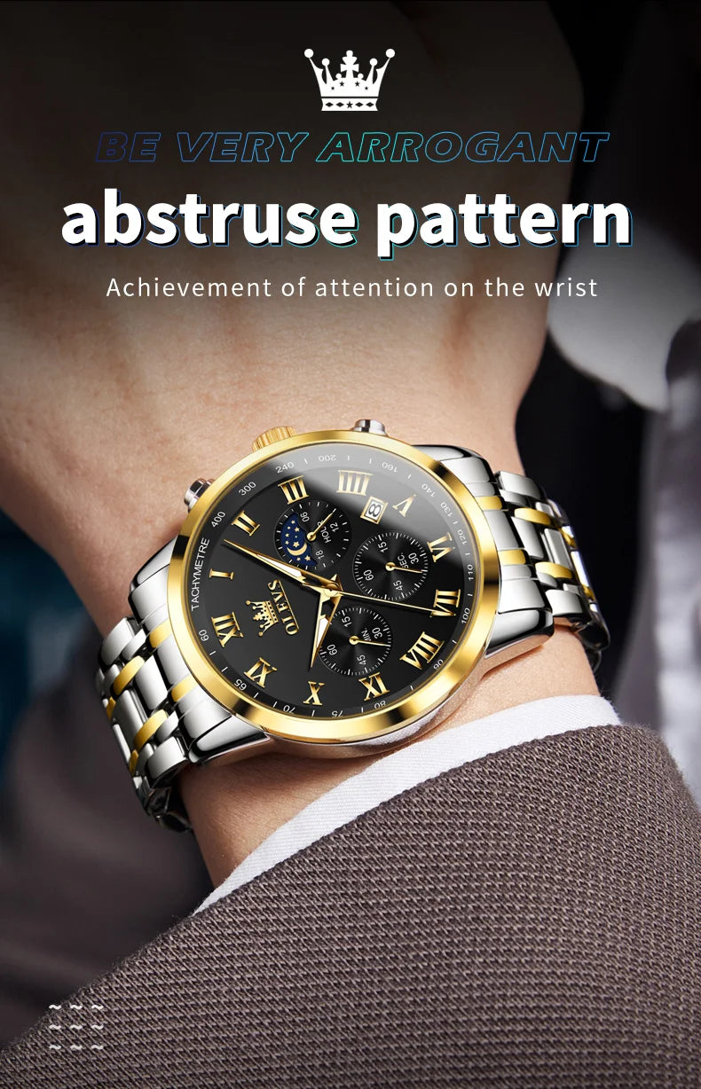 Reloj de hombre de acero con fase lunar y cronógrafo, sumergible
