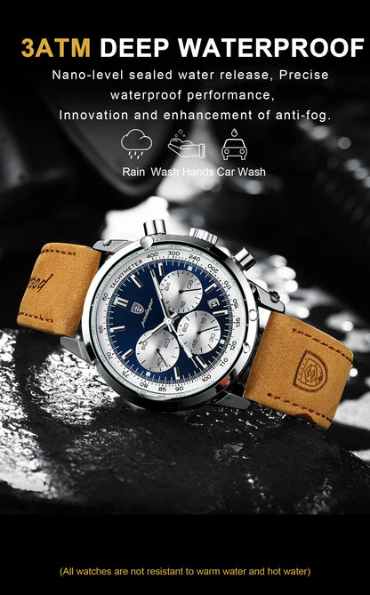 Reloj de hombre militar con cronógrafo, fecha y correa de piel