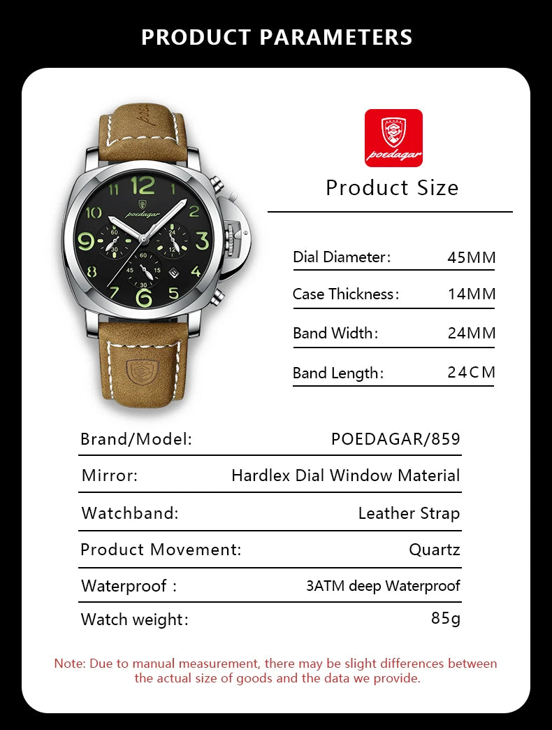 Reloj militar de hombre con correa de piel, sumergible y agujas luminosas