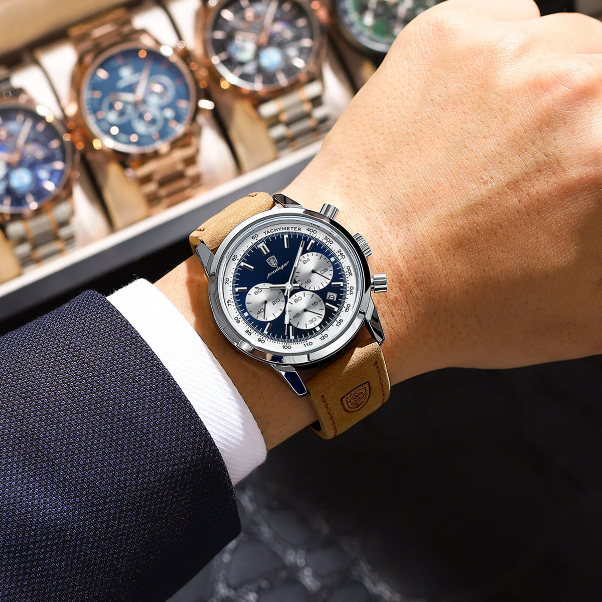Reloj de hombre militar con cronógrafo, fecha y correa de piel