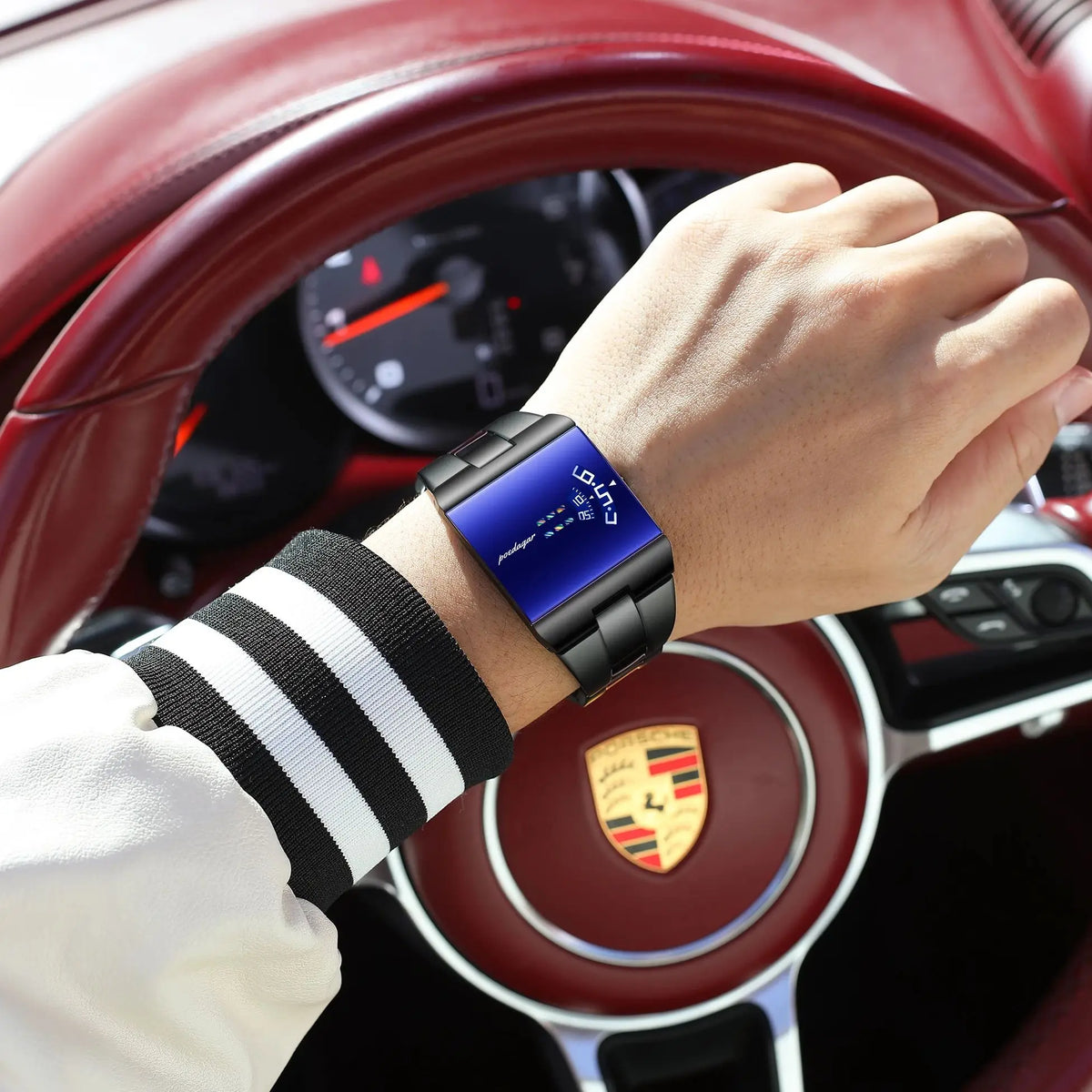 Reloj de hombre rectangular de acero inoxidable, con caja de regalo