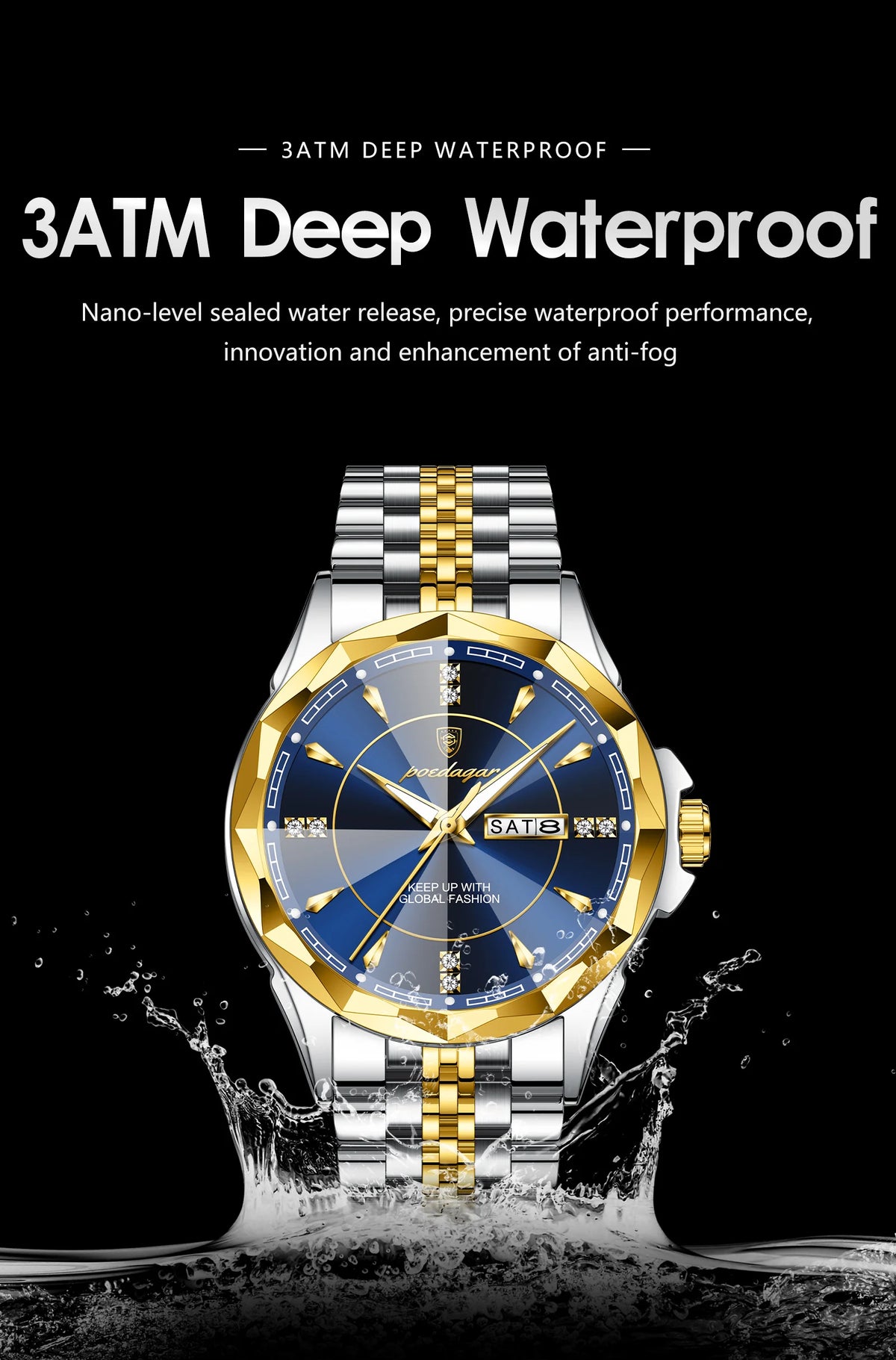 Reloj de hombre de acero inoxidable, sumergible, con fecha y día de la semana