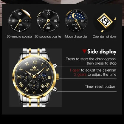 Reloj de hombre de acero con fase lunar y cronógrafo, sumergible