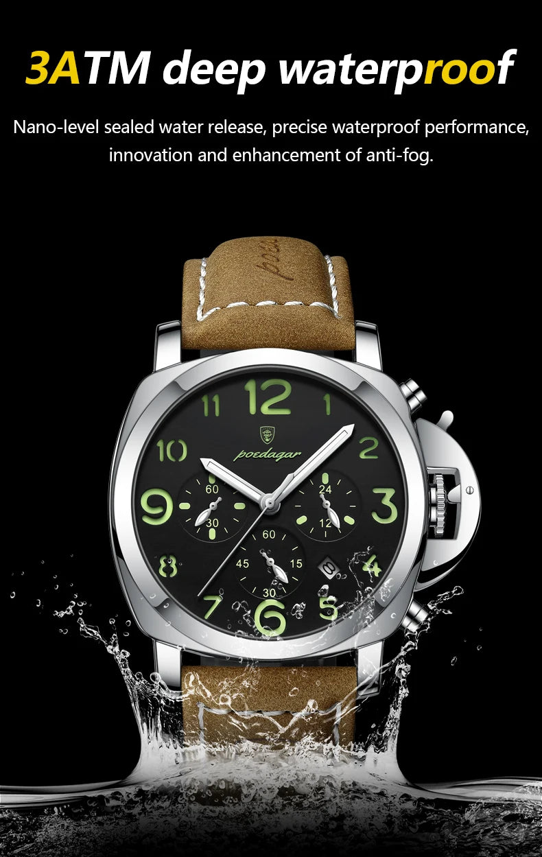 Reloj militar de hombre con correa de piel, sumergible y agujas luminosas
