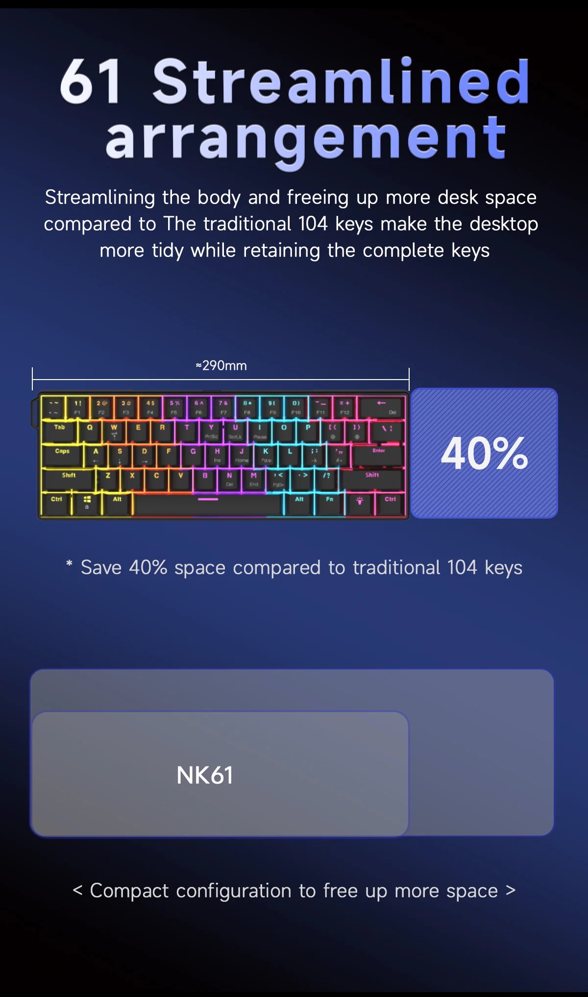 Teclado mecánico gamer compacto de 61 teclas con RGB, switches intercambiables