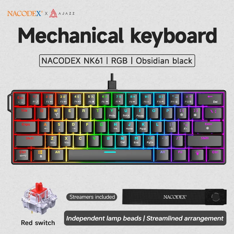 Teclado mecánico gamer compacto de 61 teclas con RGB, switches intercambiables