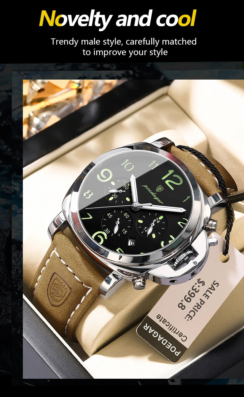 Reloj militar de hombre con correa de piel, sumergible y agujas luminosas