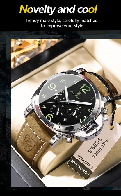 Reloj militar de hombre con correa de piel, sumergible y agujas luminosas