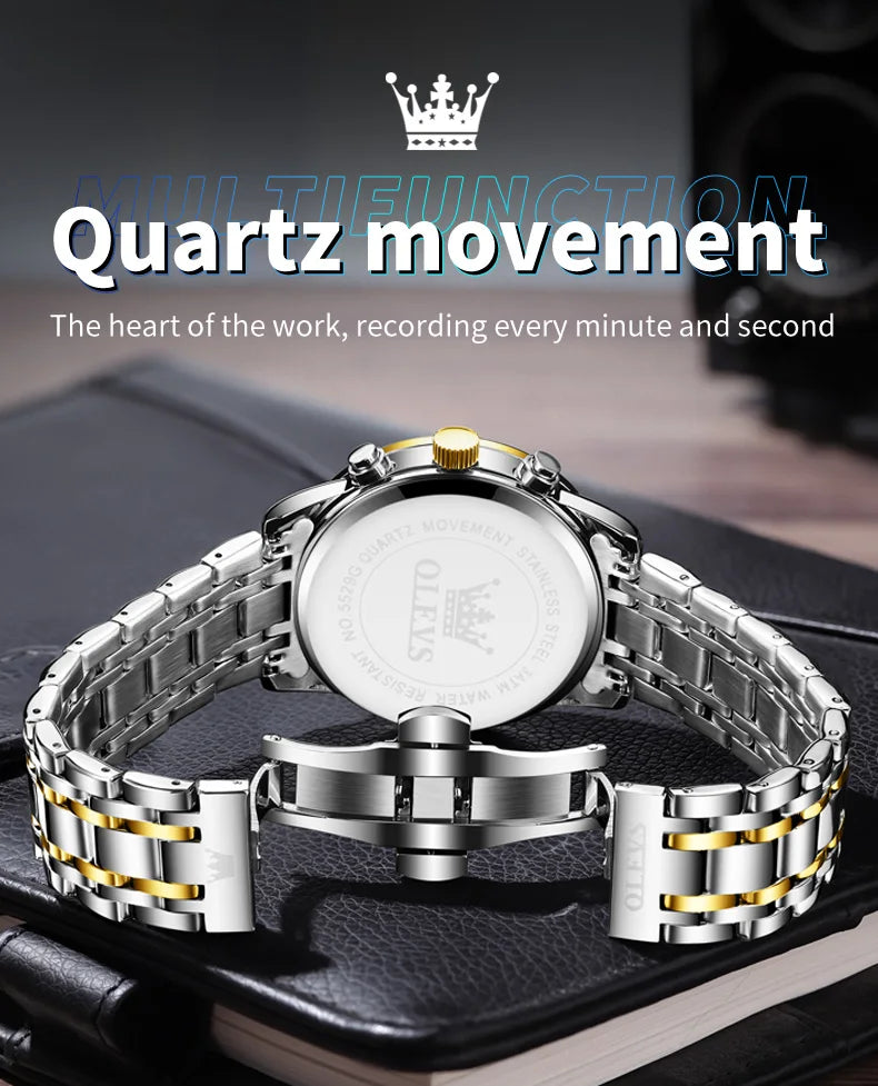 Reloj de hombre de acero con fase lunar y cronógrafo, sumergible